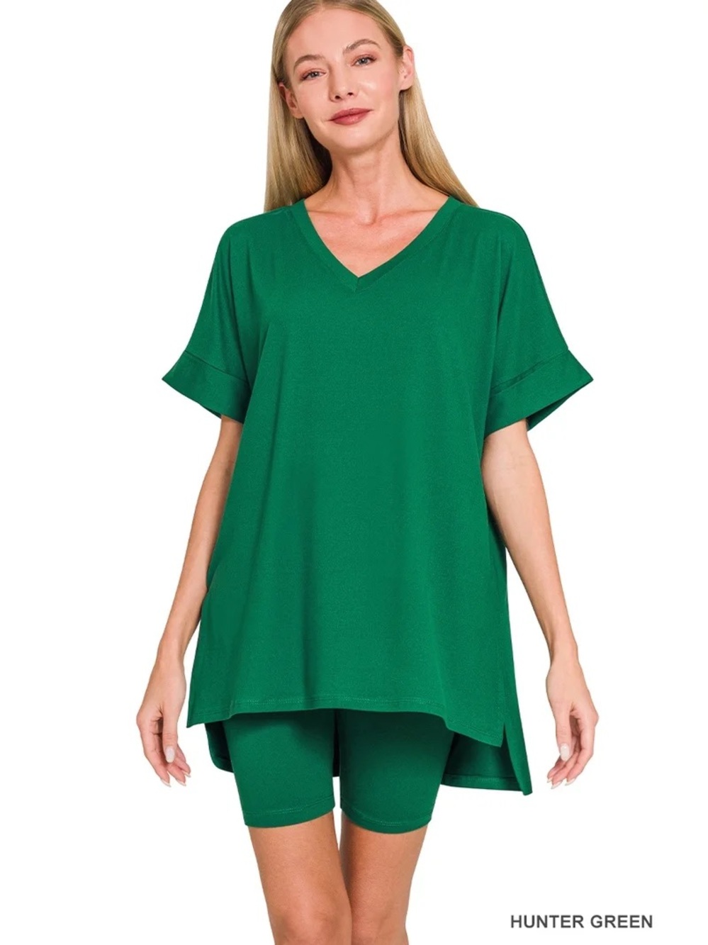 Zenana-COTTON ROUND NECK TOP & BIKER SHORTS, Hunter Green